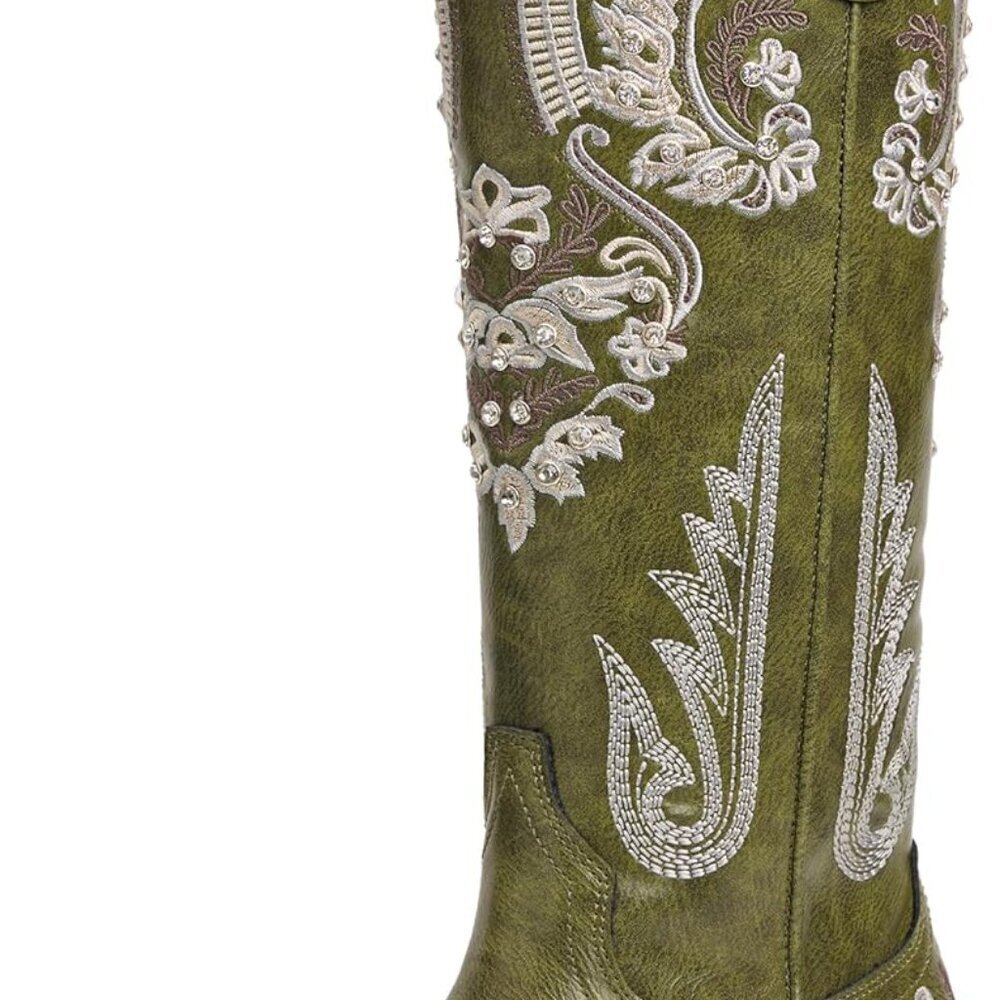Women's Faux Leather Cowboy Boots 14.5in Tall Embroidered Rhinestones Casual